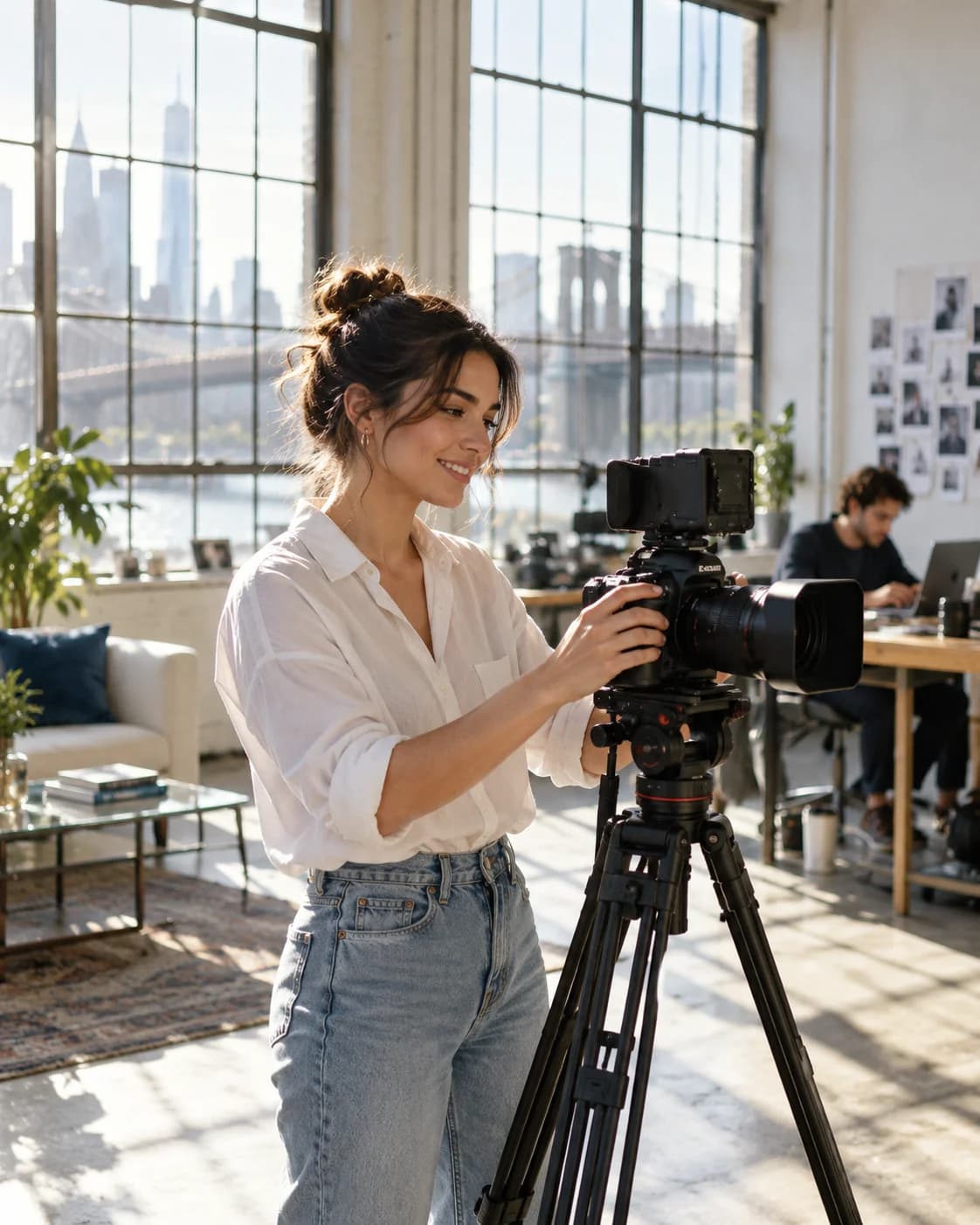 A creator filming original content in a sunlit production studio