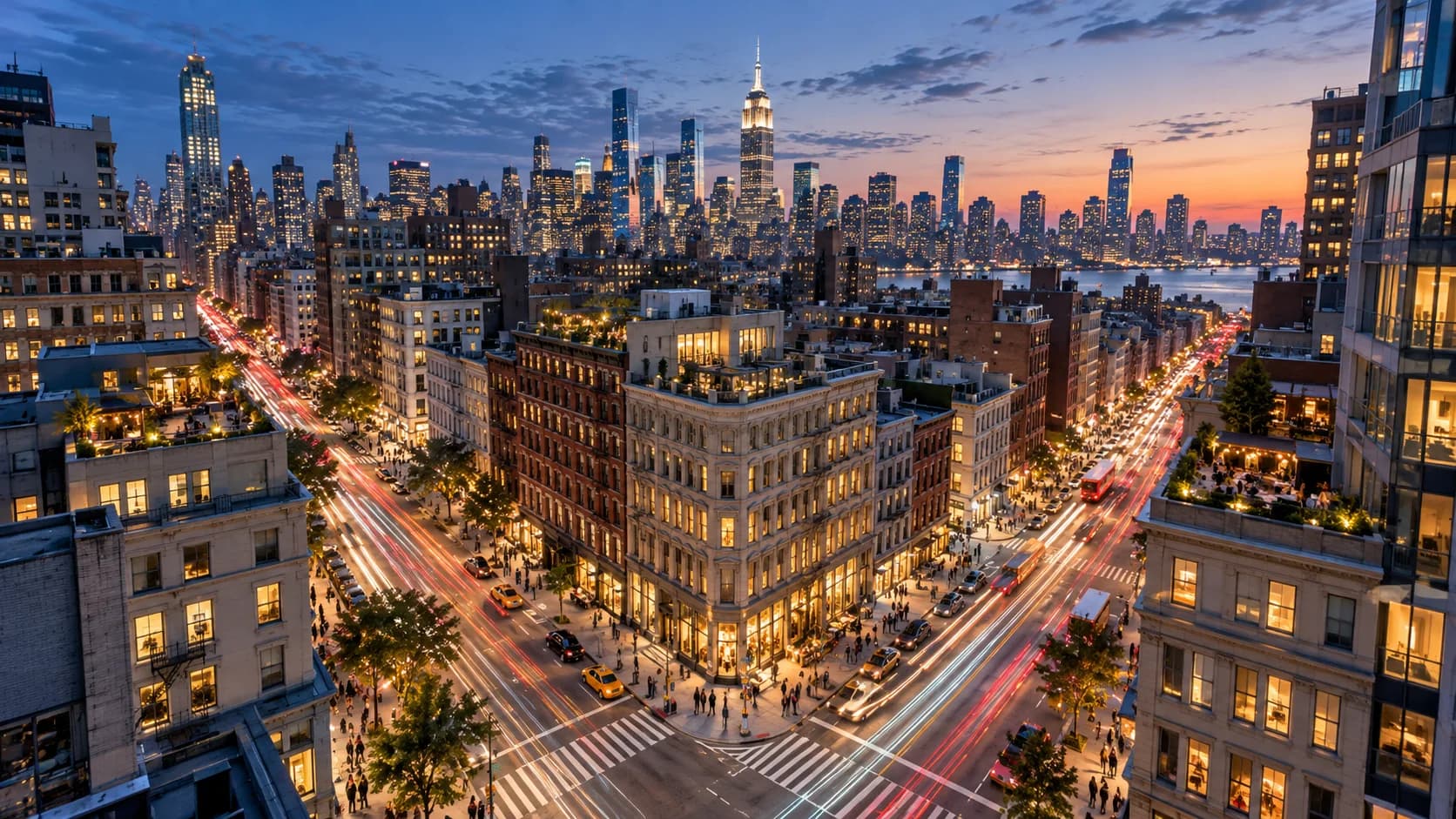 New York streets connected by flowing trails of light at blue hour